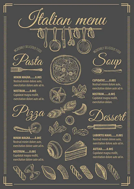 Elegant Italian restaurant table with menu, antipasti, and wine